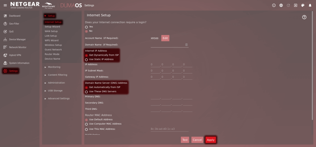Billede af nogle specifikke indstillinger i Netgear XR500‘s interface.
