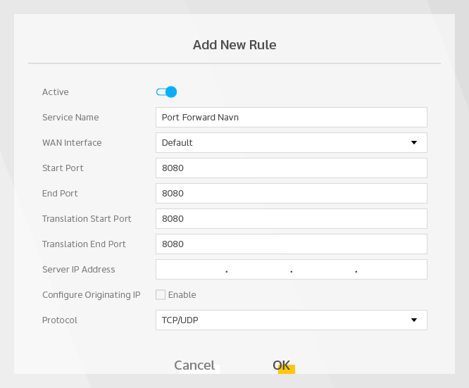 Grafik af Zyxel routerens GUI der viser tilføjelse af ny regel.