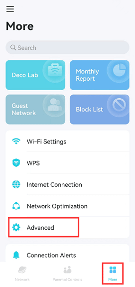 Billede af nogle specifikke indstillinger i TP-Link Deco‘s interface.