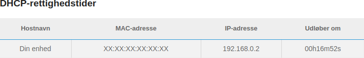 Under DHCP-rettighedstider finder du MAC- og IP-adressen på enheden du vil port forward til