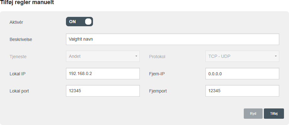 Manuel tilføjelse af regler ved port forward