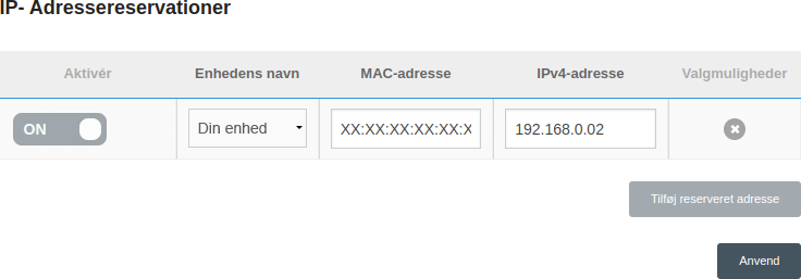 Reservation af intern IP-adresse