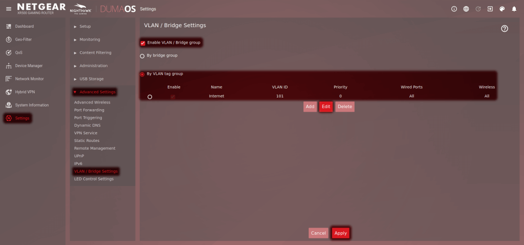 Billede af nogle specifikke indstillinger i Netgear XR500‘s interface.
