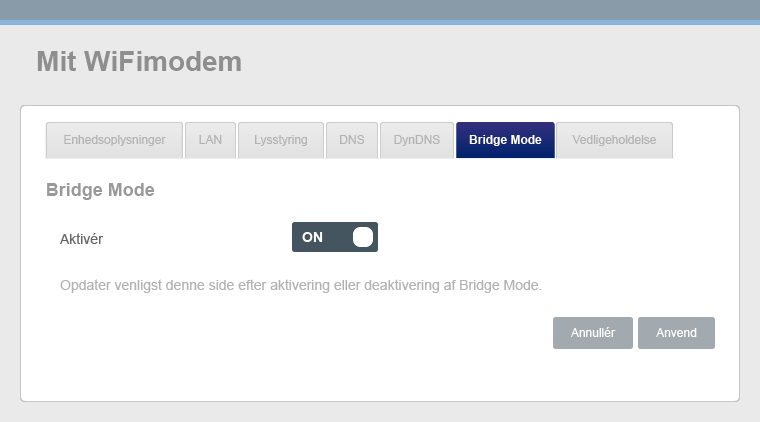 Grafik af Sagemcom routerens GUI, der viser “Bridge Mode” siden og “ON/OFF” knappen.