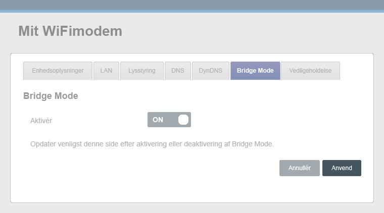 Grafik af Sagemcom routerens GUI, der viser “Anvend” knappen på “Bridge Mode” siden.