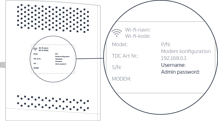 Grafik af Sagemcom routerens side der viser mærkaten med login informationer.
