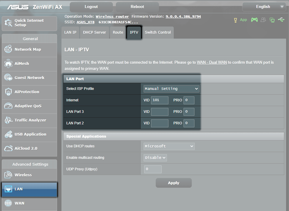 Billede af nogle specifikke indstillinger i en ASUS routers interface'.