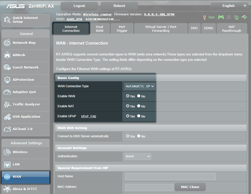 Billede af nogle specifikke indstillinger i en ASUS routers interface.