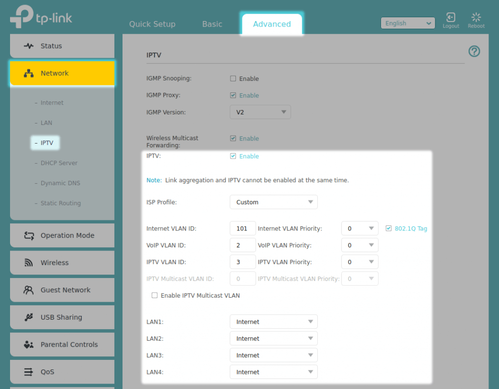 Billede af nogle specifikke indstillinger i TP-Link Archer AX50's interface.